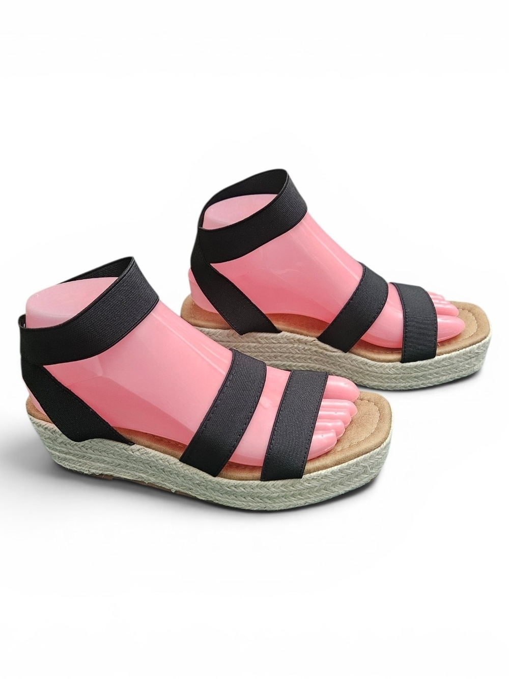 Black Elastic Strap Espadrille Wedge Sandals